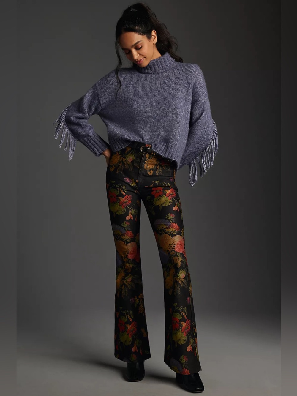 Anthropologie Pilcro The Icon High-Rise Flare Jeans Black Motif Floral Size 25